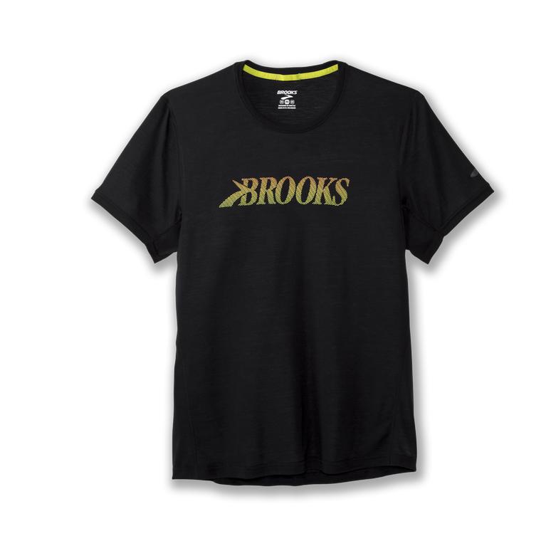 Brooks Distance Graphic Men's Short Sleeve Running Shirt - Black/GreenYellow/Flying B (98417-QYPU)